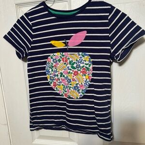 Mini Boden Navy & White Striped Tee with Floral Apple Applique